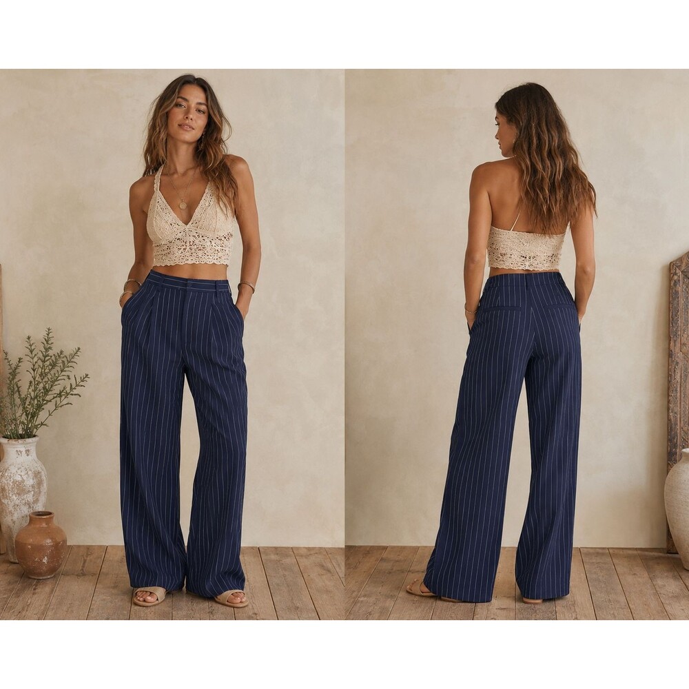 NWT A New Day High Rise Wide Leg Trousers Women's 6R Navy Pinstripe Career Pants